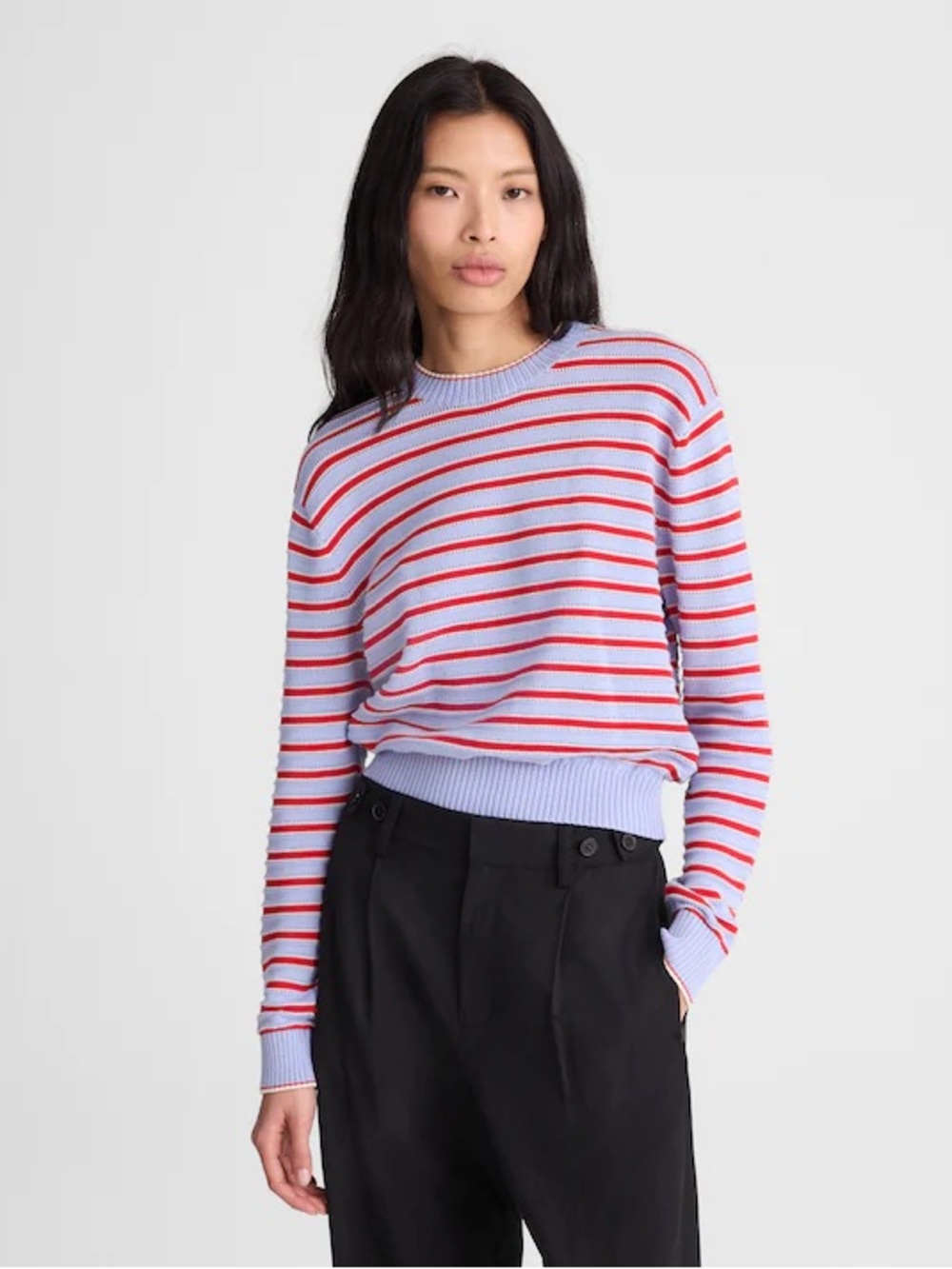 Madewell Blue Red Striped Textured-Stitch Crewneck Sweater 100% Cotton pointelle